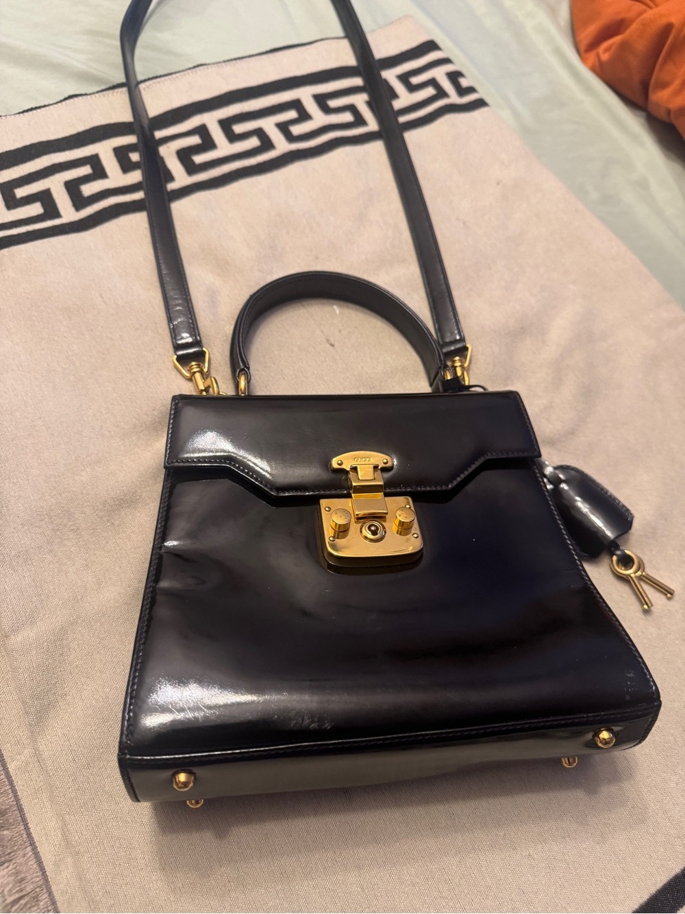 Gucci Black Patent Leather Top-Handle Satchel with Gold Hardware